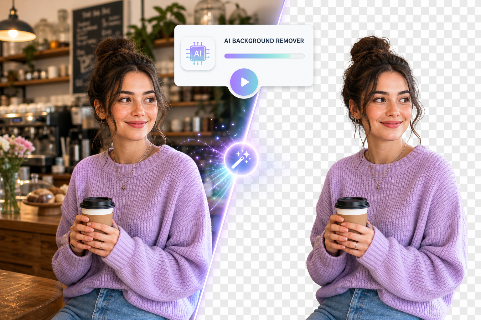 Before and after of an AI cutout: a woman in a coffee shop on the left, cleanly isolated on a transparent background on the right.