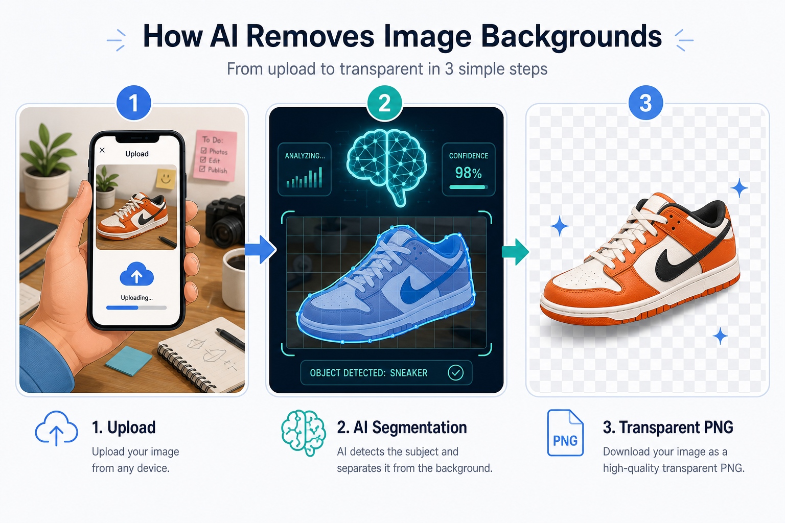 A 3-step pipeline diagram: 1) upload image, 2) AI segmentation produces a mask, 3) export as transparent PNG.