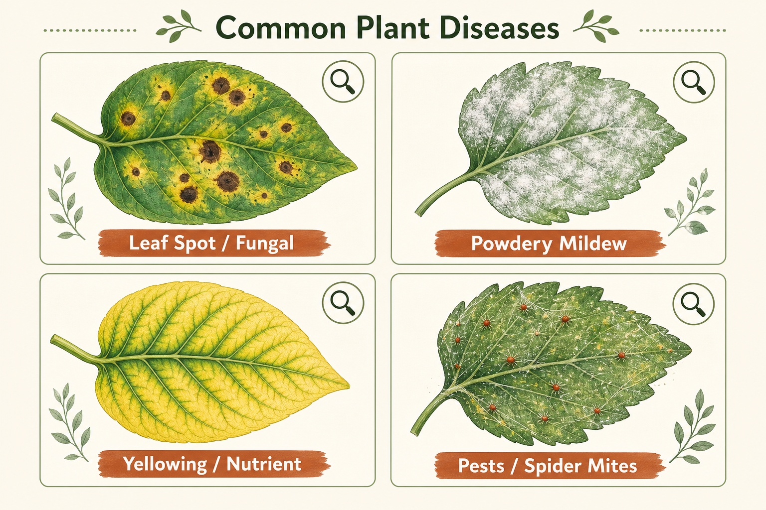 Four illustrated cards showing common plant diseases: leaf spot, powdery mildew, yellowing/nutrient deficiency, and pests.