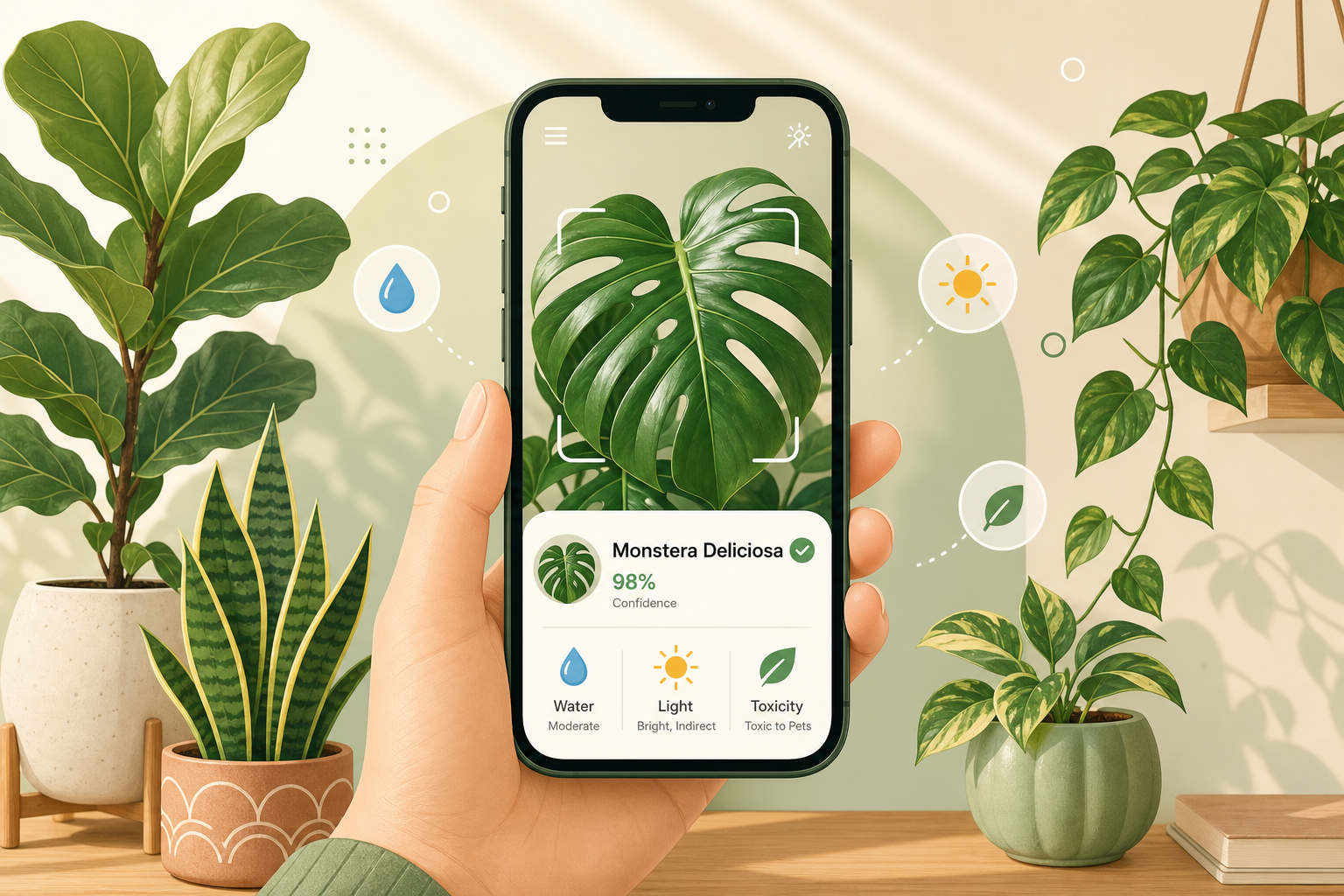 A hand holding a phone over a Monstera plant; the screen shows an AI identification card naming the plant and listing watering, light and toxicity details.